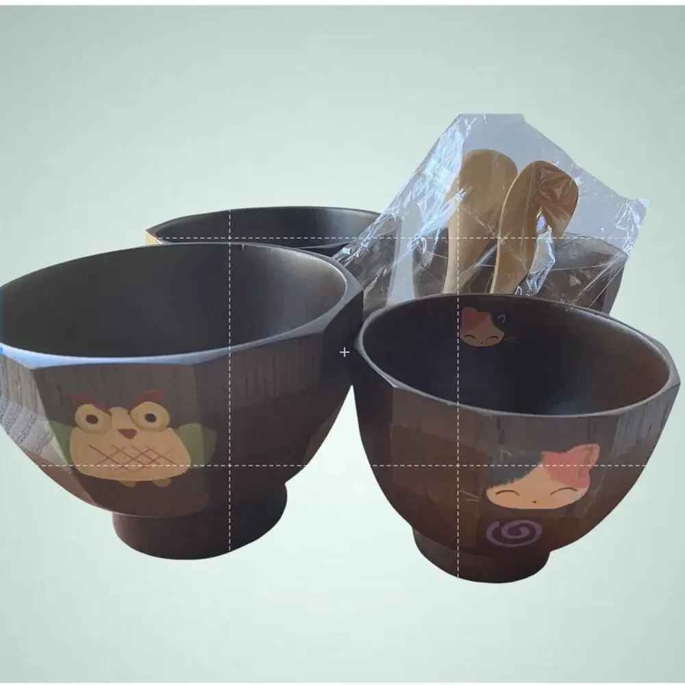 Acacia Wood Footed Rice Soup 4 Bowls Owl And Cat Graphics W/2 Small Spoons